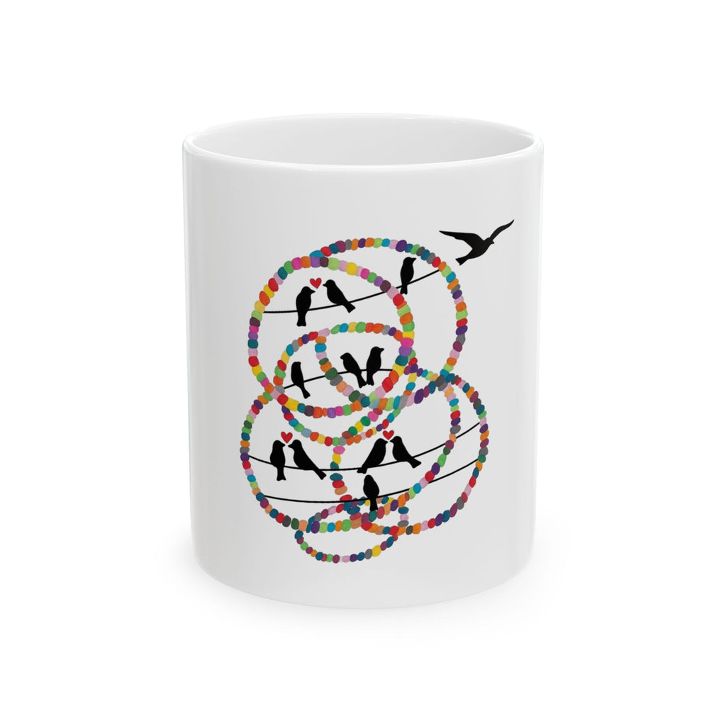 Colorful Bird Silhouette Ceramic Mug – Birds on Rainbow Wire (11oz/15oz)
