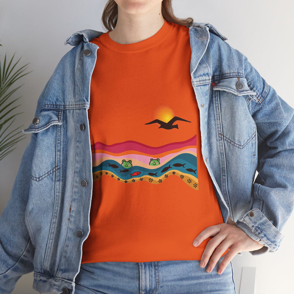Sunset Desert Waves Tee | Vibrant Southwestern Landscape, Bird Silhouette