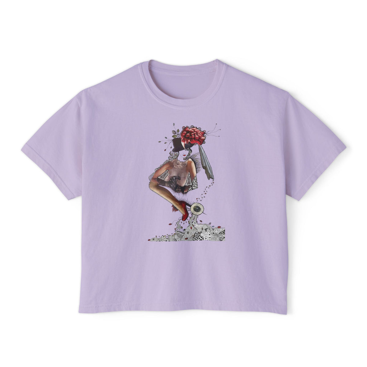 Surreal Floral-Head Figure Boxy Tee | Collage Art, Abstract Portrait