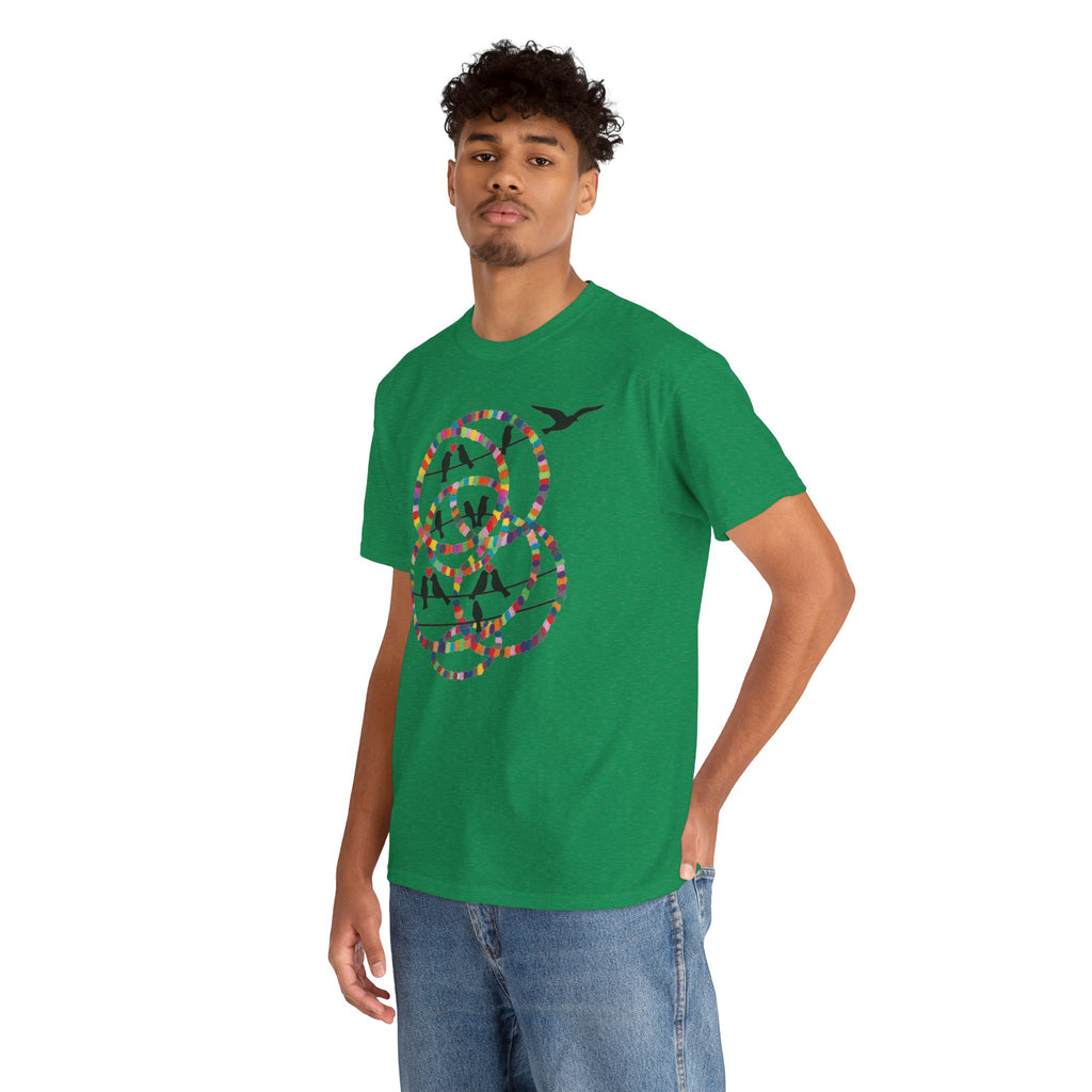 Colorful Tape Swirl with Flying Birds T-Shirt | Abstract Graphic Tee