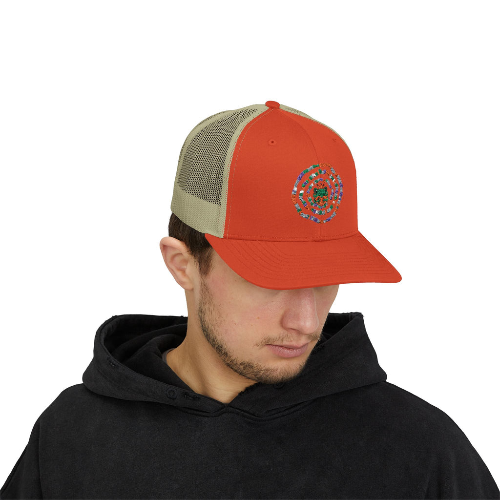 Spiral Mosaic Flower Snapback Trucker Cap | Embroidered Floral Circle