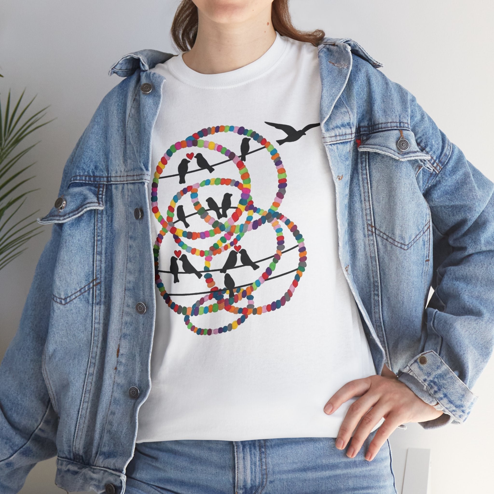 Colorful Tape Swirl with Flying Birds T-Shirt | Abstract Graphic Tee