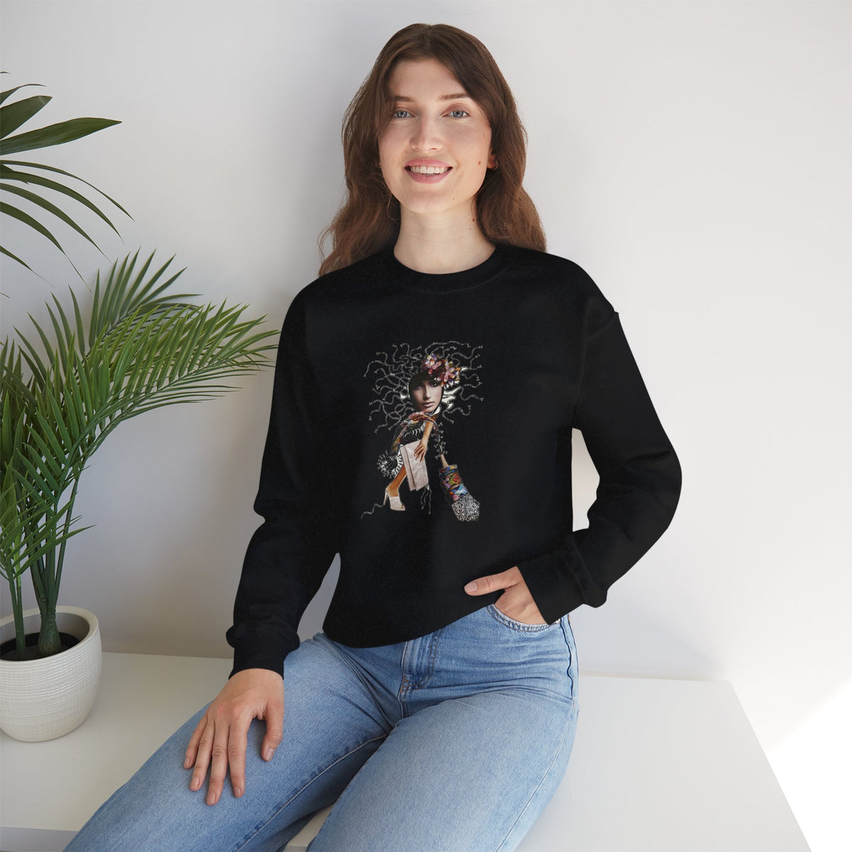 Medusa Goddess Crewneck Sweatshirt — Mythic Floral Medusa Design