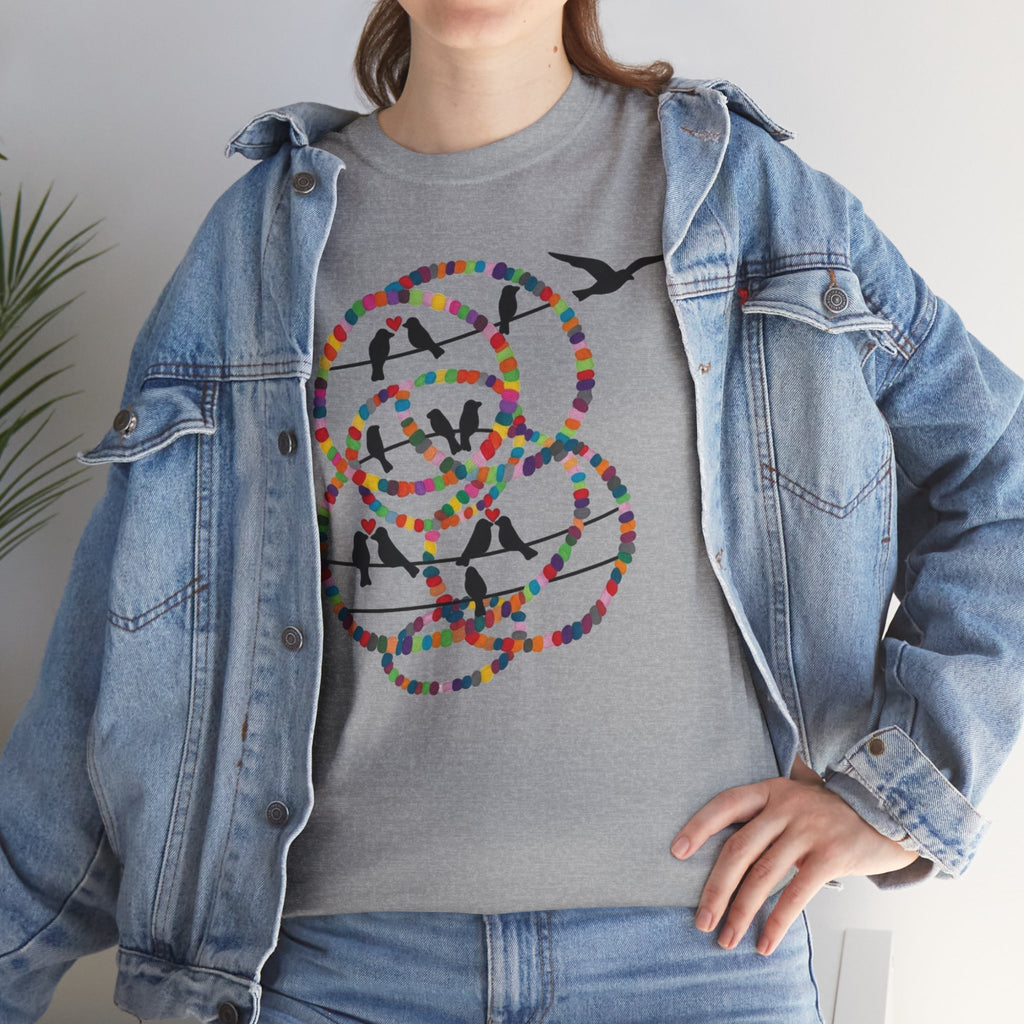 Colorful Tape Swirl with Flying Birds T-Shirt | Abstract Graphic Tee
