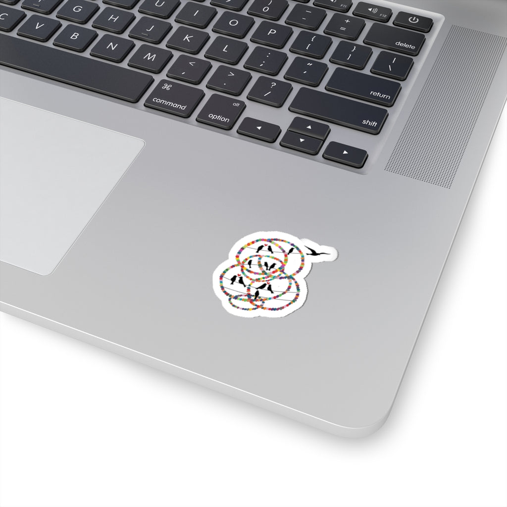 Minimalist Bird & Rings Kiss-Cut Sticker — Colorful Line Art Laptop Decal