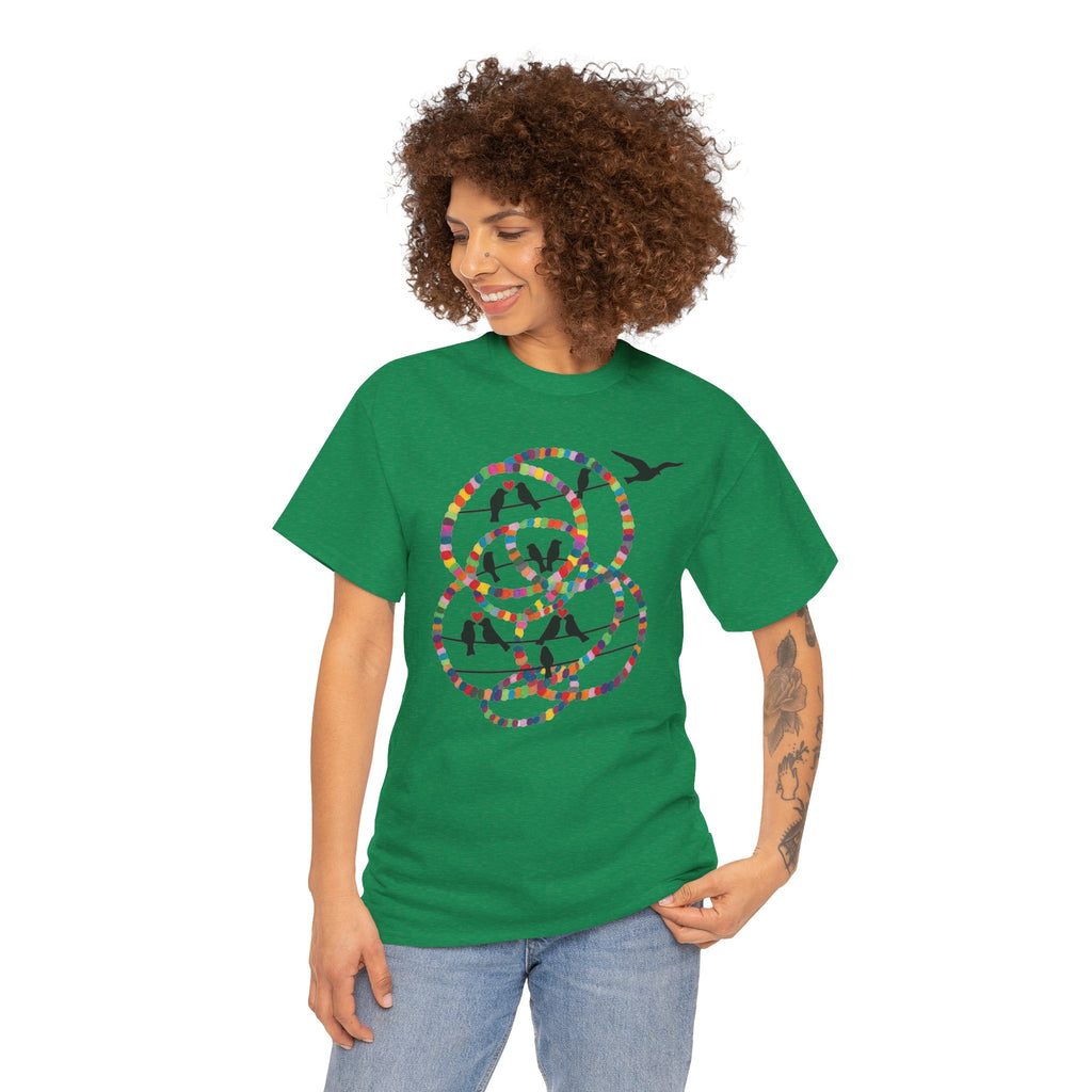 Colorful Tape Swirl with Flying Birds T-Shirt | Abstract Graphic Tee