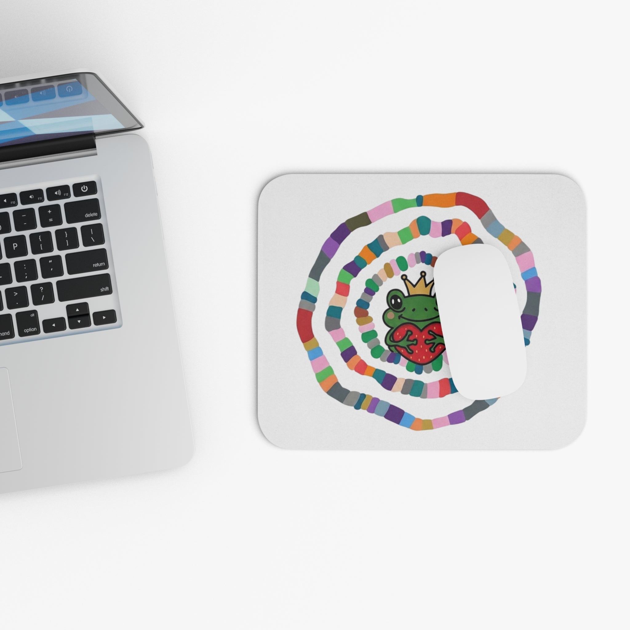 Crowned Frog Holding Heart Mouse Pad | Colorful Spiral Rectangle