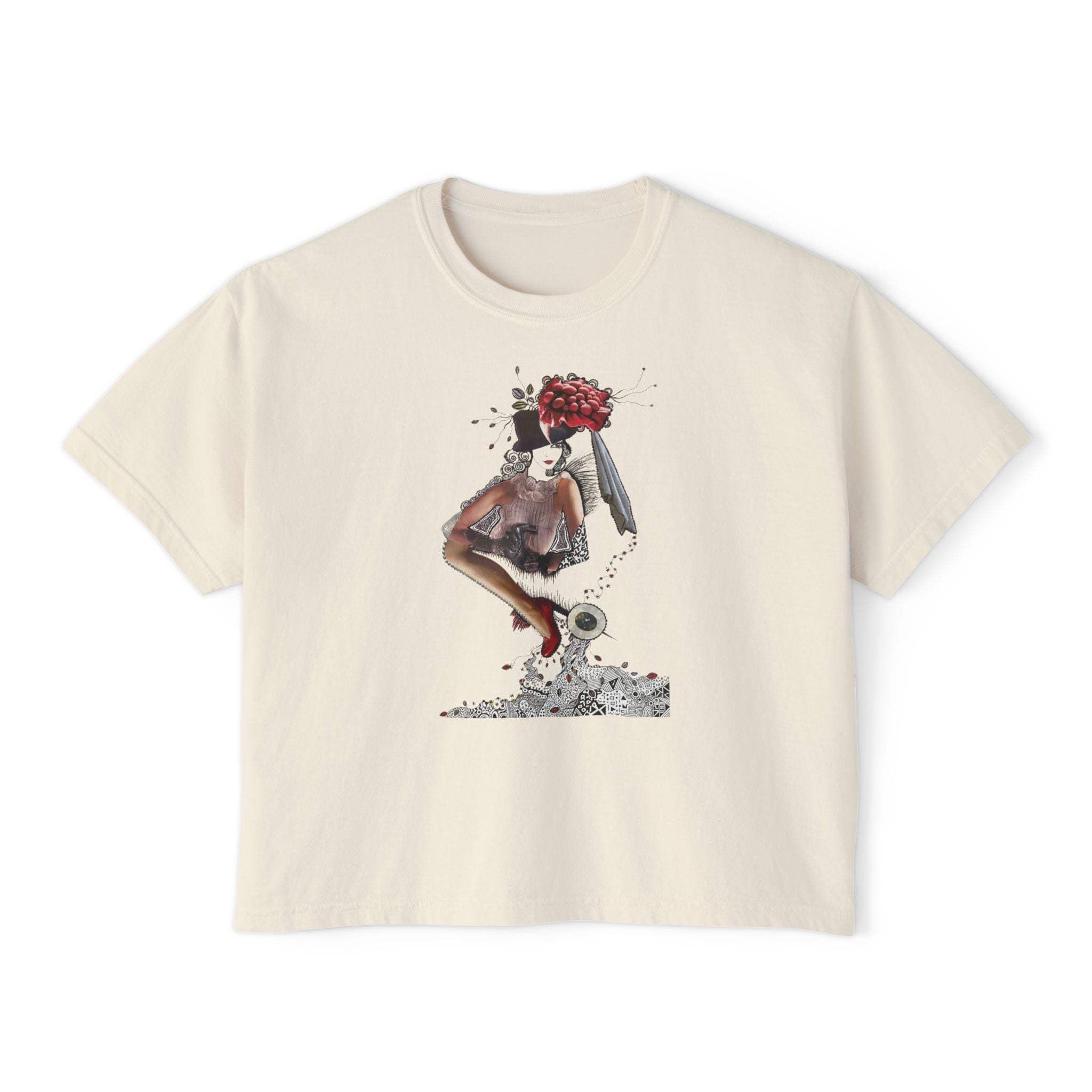 Surreal Floral-Head Figure Boxy Tee | Collage Art, Abstract Portrait