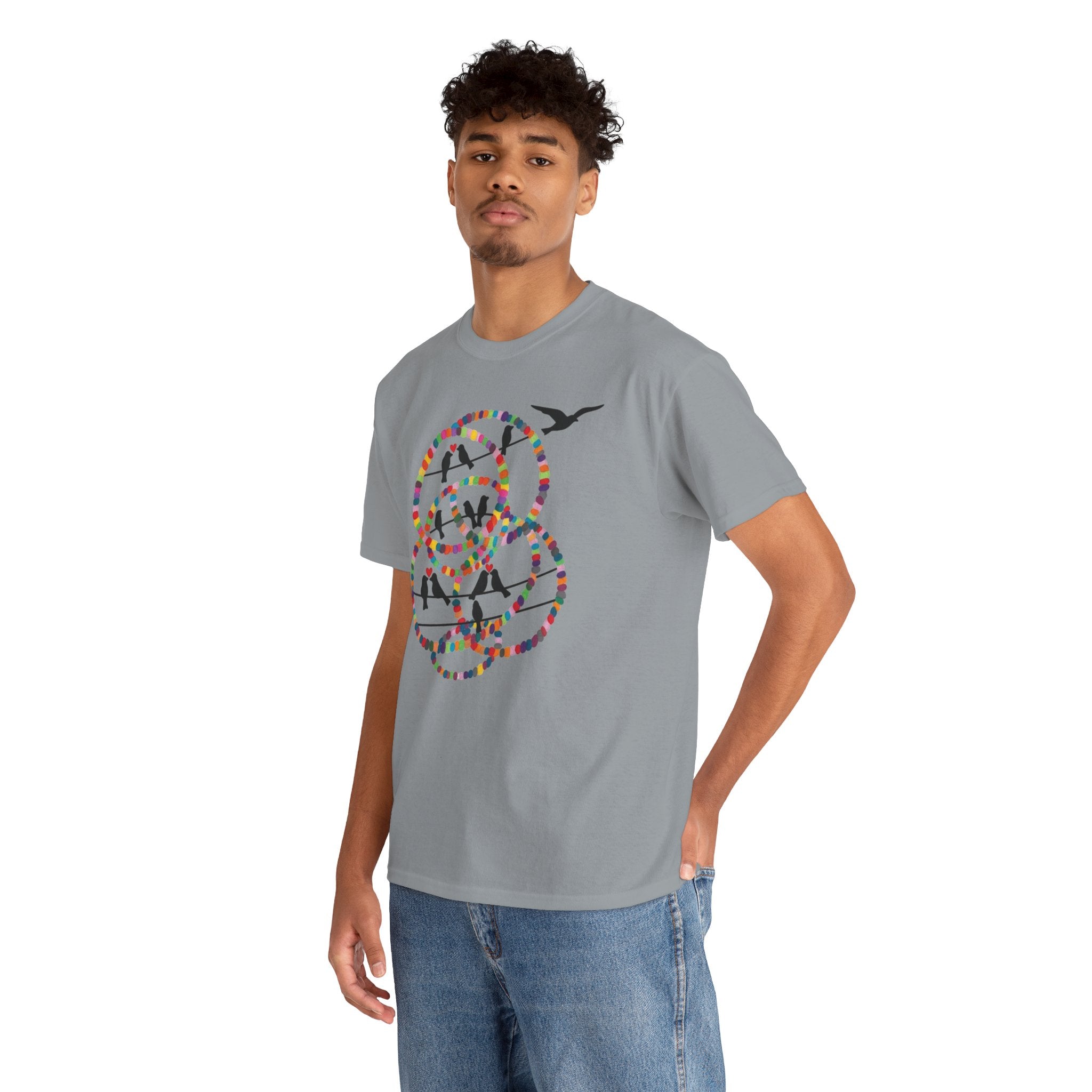 Colorful Tape Swirl with Flying Birds T-Shirt | Abstract Graphic Tee