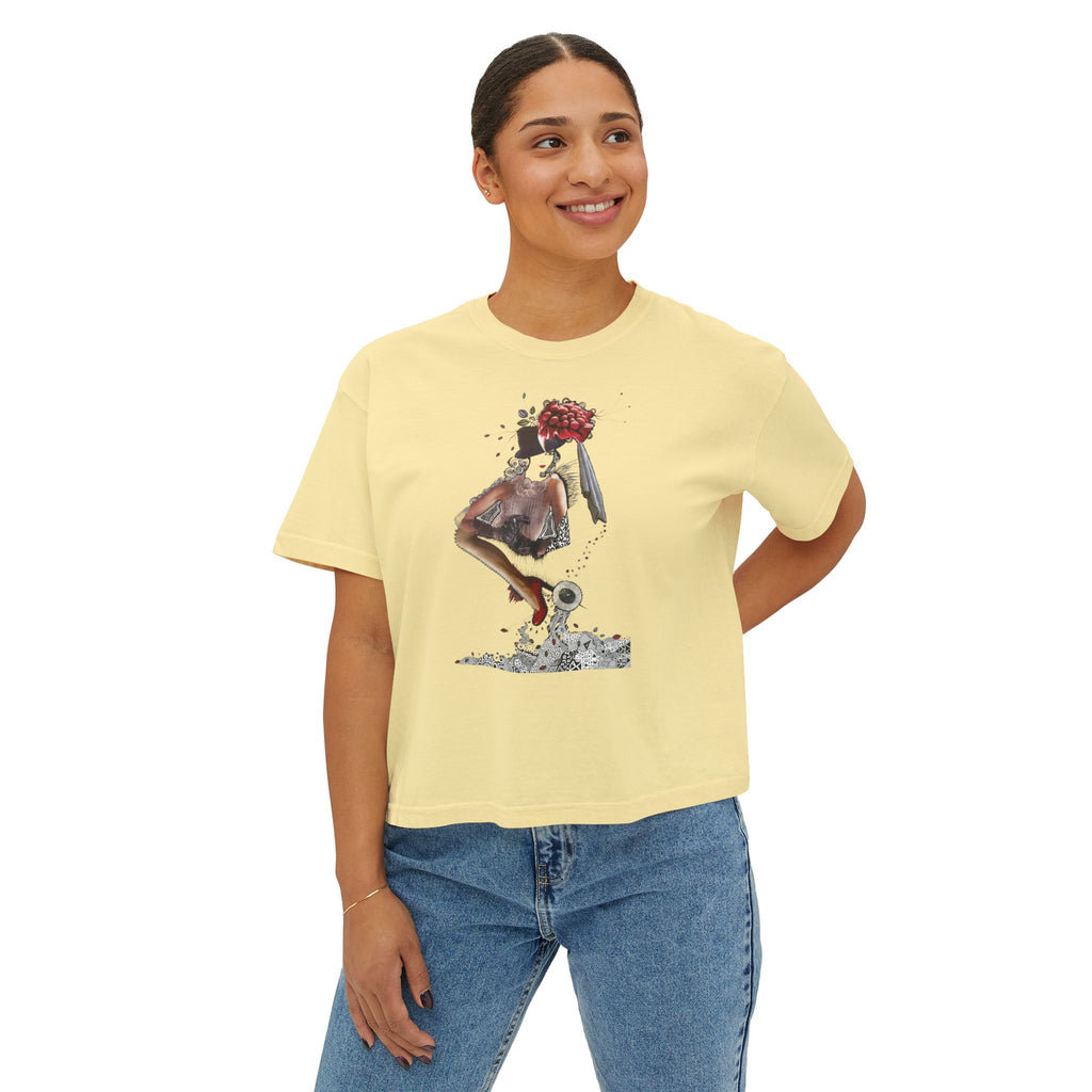 Surreal Floral-Head Figure Boxy Tee | Collage Art, Abstract Portrait