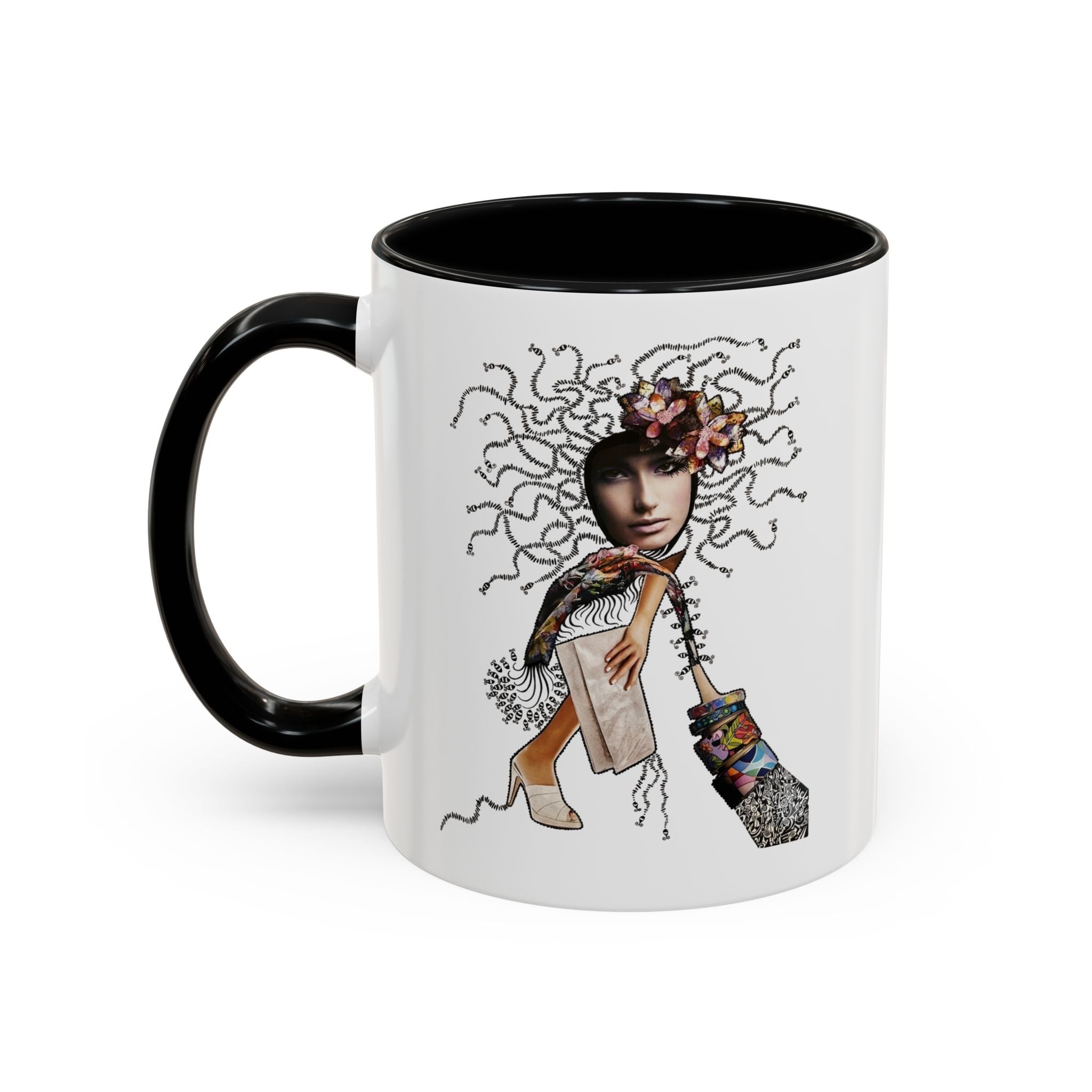 Medusa Face Collage Accent Coffee Mug | Surreal Hair Tendrils, Fashion Elements