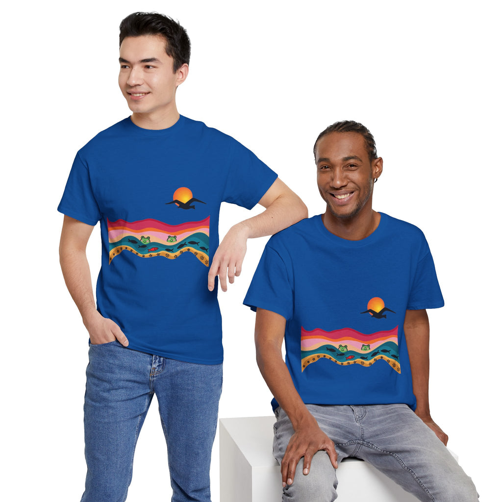 Sunset Desert Waves Tee | Vibrant Southwestern Landscape, Bird Silhouette