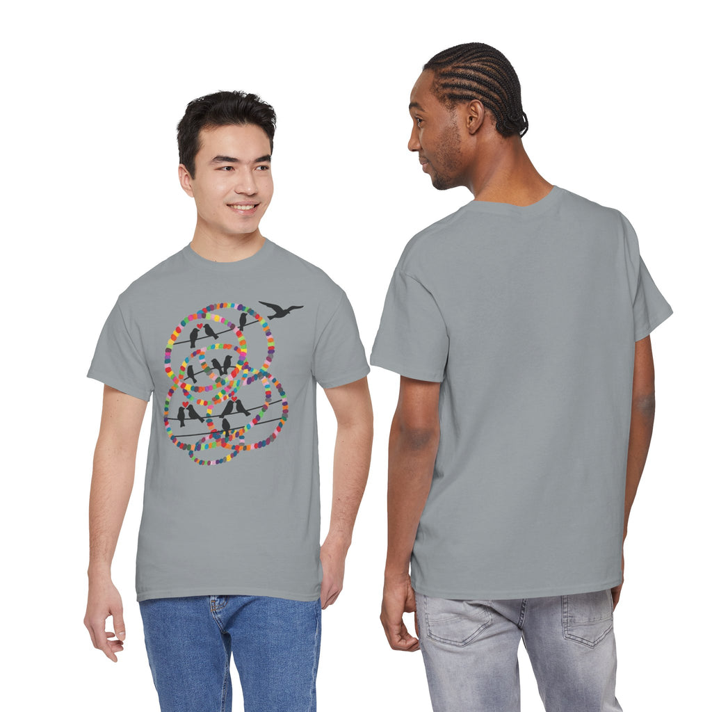 Colorful Tape Swirl with Flying Birds T-Shirt | Abstract Graphic Tee